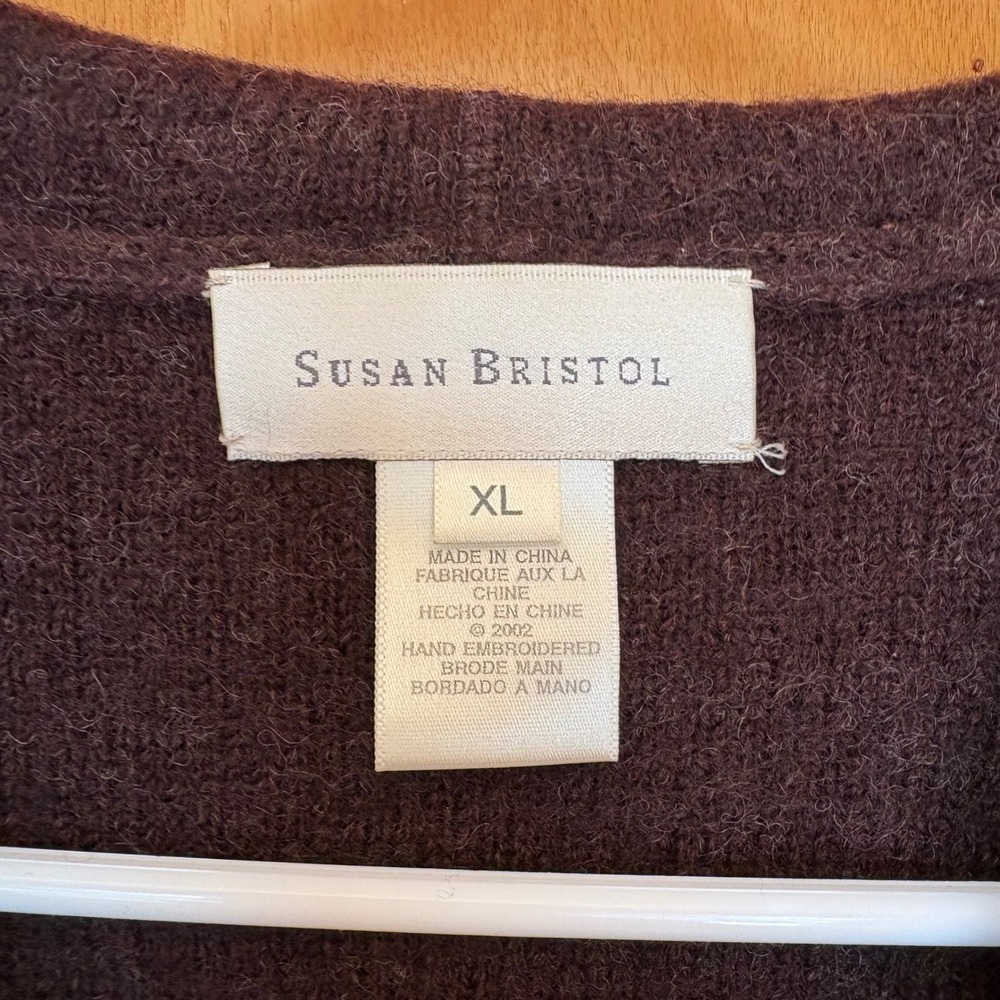 Susan Bristol Cardigan Sweater Women XL Brown Wool Hand Embroidered Floral Long - Picture 4 of 7